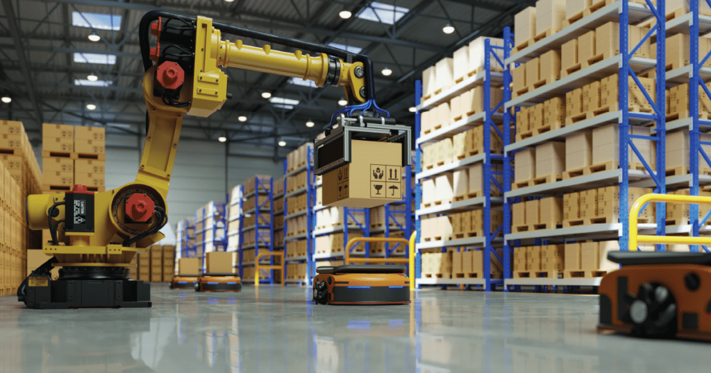A futuristic warehouse scene