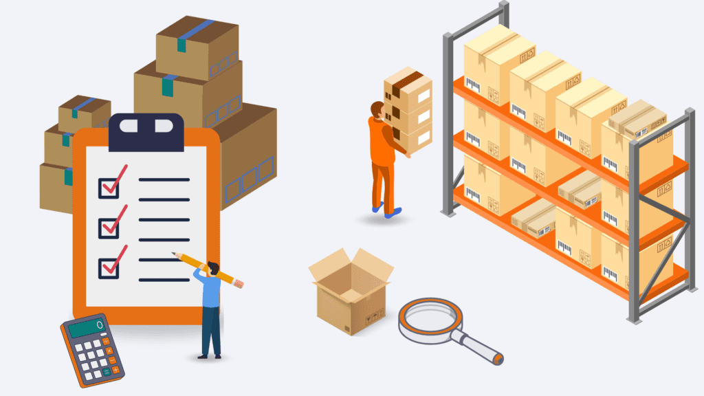 Graphic showing the various aspects of warehousing, including a checklist, accounting for inventory, packing and shelving